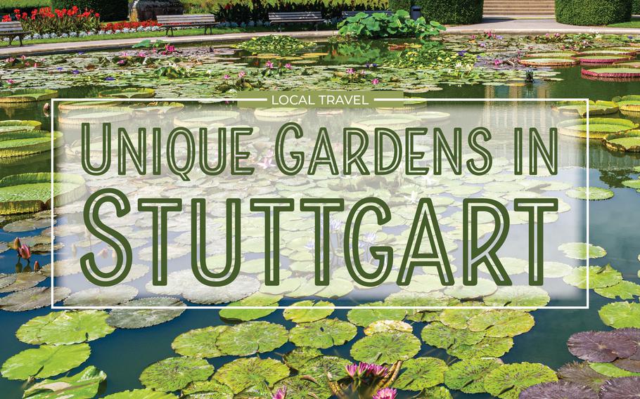 Graphic with the words “Unique Gardens in Stuttgart” against a backdrop of a pond with lily pads 